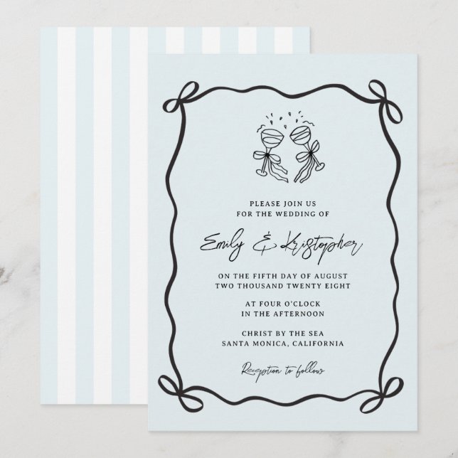 Convites Blue  Coquette Bow Wedding (Frente/Verso)