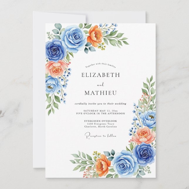 Convites Blue Coral Botanical Romance Wedding (Frente)