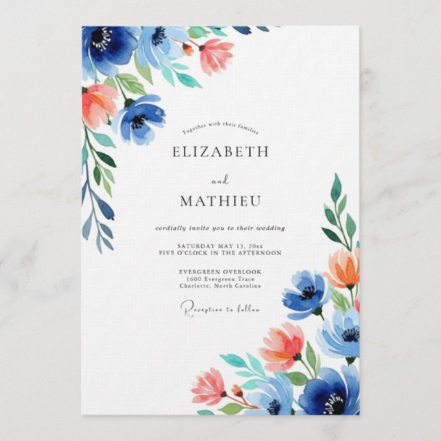 Convites Blue Coral Floral Wedding (Frente)