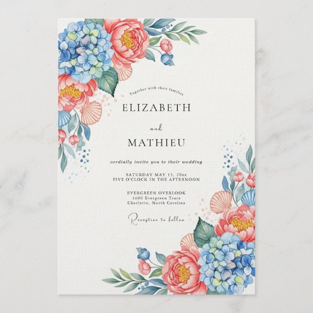 Convites Blue Coral Floral Whimsy Wedding (Frente)