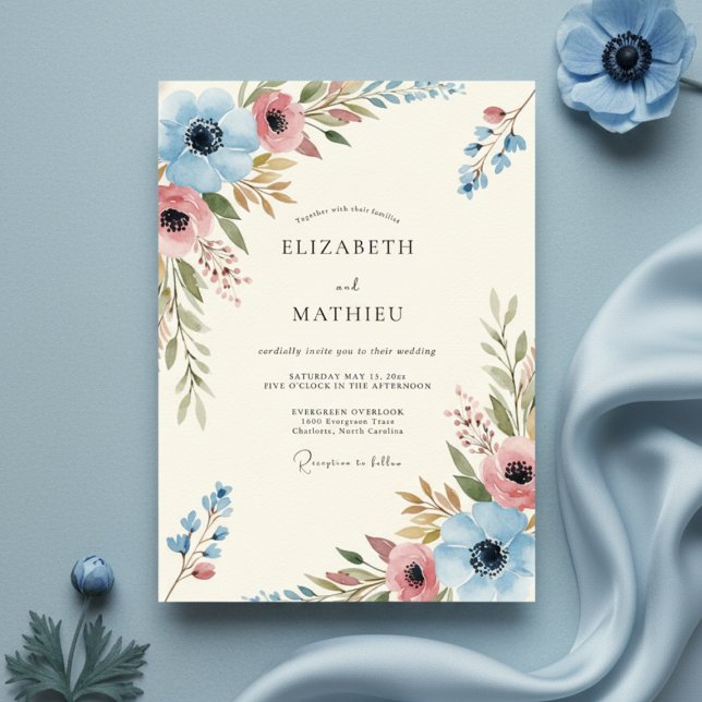 Convites Blue Coral Painterly Bloom Wedding (Criador carregado)