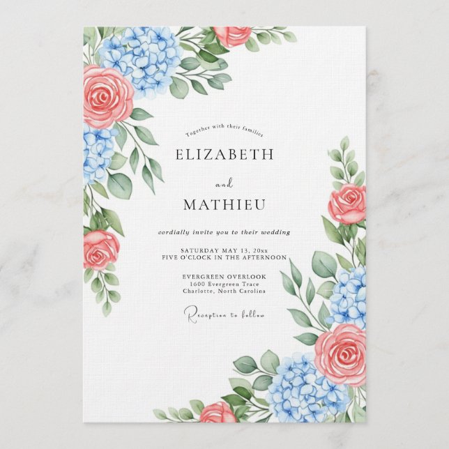 Convites Blue Coral Rose Botanical Wedding (Frente)