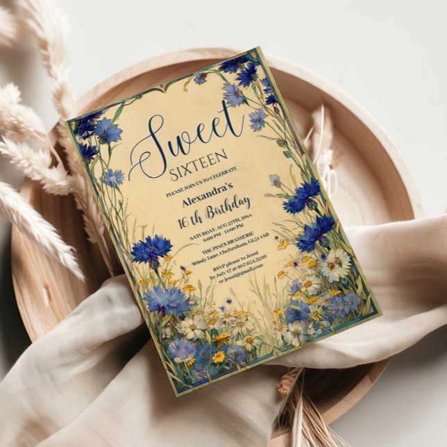 Convites Blue Cornflower Art Nouveau Sweet Sixteen (Criador carregado)