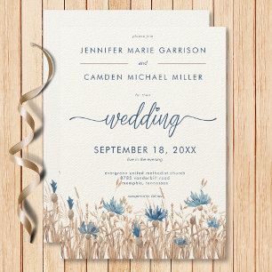 Convites Blue Cornflowers & Campo de Trigo Casamento Modern