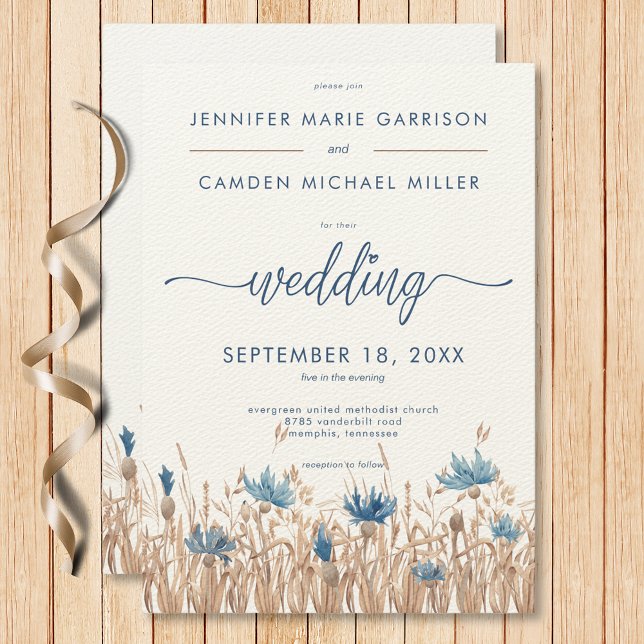 Convites Blue Cornflowers & Campo de Trigo Casamento Modern (Blue Cornflowers & Wheat Field Modern Wedding Invitation)