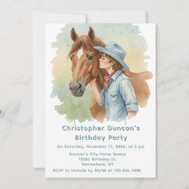 Convites Blue Cowboy Kissing a Horse Birthday Party