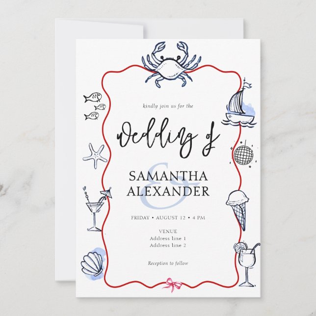 Convites Blue Crab Doodle Beach QR Code RSVP Casual Wedding (Frente)