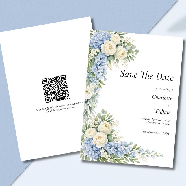 Convites Blue Cream Florals Wedding Save The Date QR Code (Blue cream white watercolor florals Wedding Save the date Card with QR code on back)