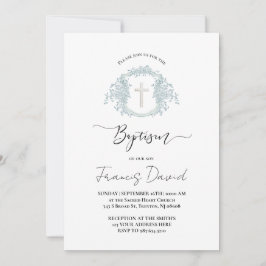 Convites blue crest black script Baptism Invitation