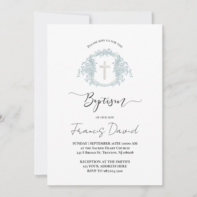 Convites blue crest black script Baptism Invitation (Frente)
