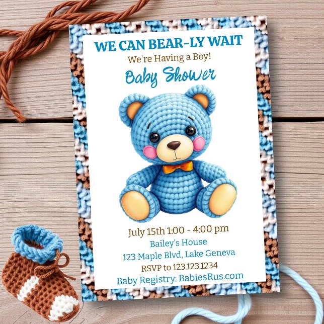 Convites Blue Crocheted Teddy Bear Boy's Baby Shower (Criador carregado)