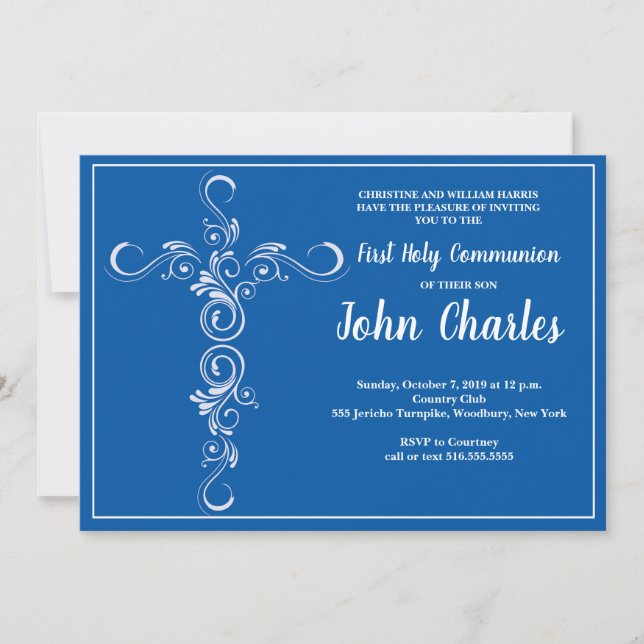 Convites Blue Cross Boy First Holy Communion (Frente)