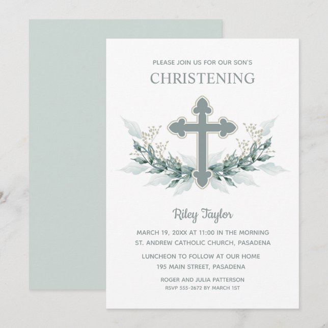 Convites Blue Cross Greenering Christening (Frente/Verso)