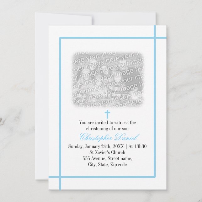 Convites Blue Cross Photo Christening (Frente)