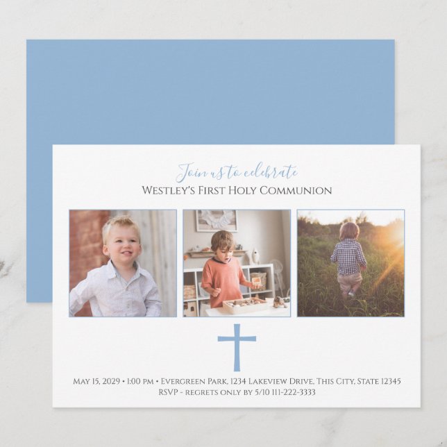Convites Blue Cross Tri Foto Moderna Primeira Comunhão (Frente/Verso)