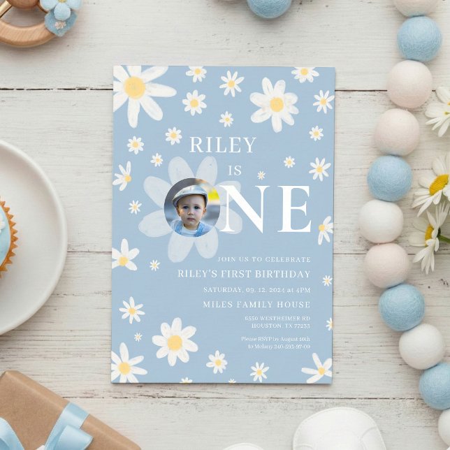 Convites Blue Daisy First 1st Birthday Photo invitation (Criador carregado)