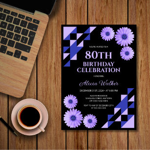 Convites Blue Daisy Triangle - Aniversário Geométrico Negro