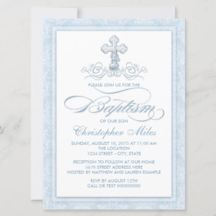 Convites Blue Damask Cross Baptism