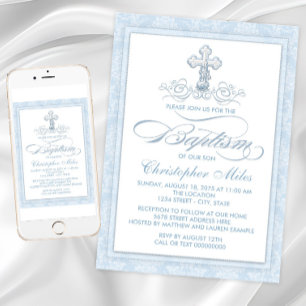 Convites Blue Damask Cross Baptism