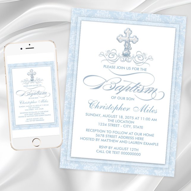 Convites Blue Damask Cross Baptism (Blue damask baptism invitation with fancy script and pearl cross. For Instant download and print.)