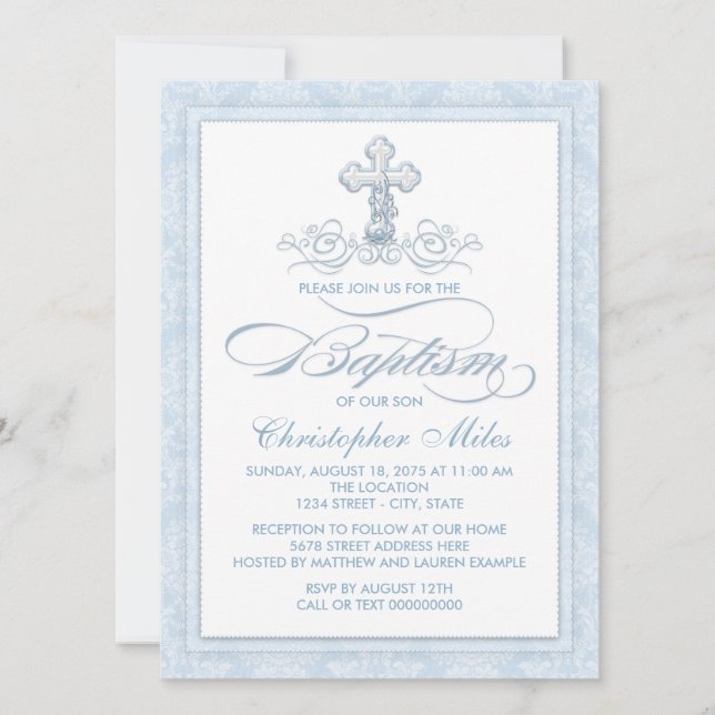 Convites Blue Damask Cross Baptism (Frente)