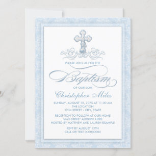 Convites Blue Damask Cross Baptism