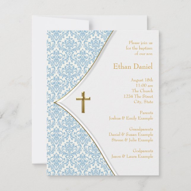 Convites Blue Damask Cross Boy Christening (Frente)