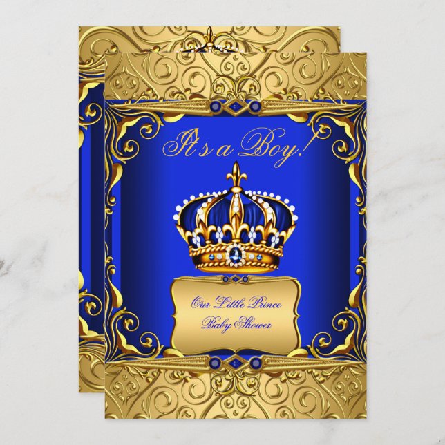 Convites Blue Damask Dourado Crown Chá de fraldas Boy bs2 (Frente/Verso)