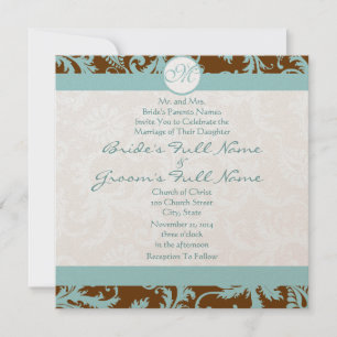 Convites Blue Damask on Brown Wedding Invitation