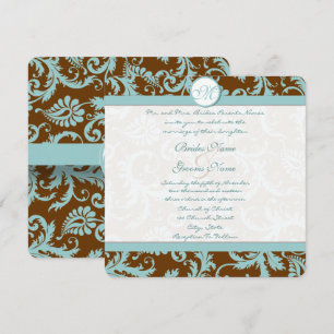 Convites Blue Damask on Brown Wedding Invitation