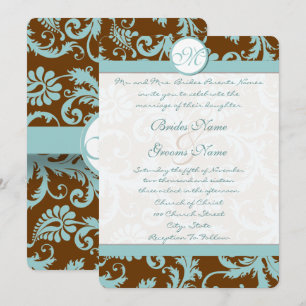 Convites Blue Damask on Brown Wedding Invitation