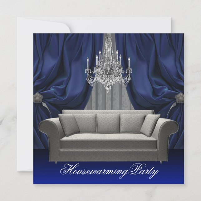 Convites Blue Damask Sofa Chandelier House Party (Frente)