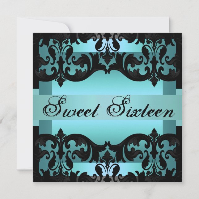 Convites Blue Damask Sweet16 Elegant Birthday Invite (Frente)