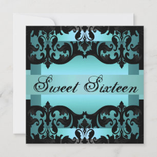 Convites Blue Damask Sweet16 Elegant Birthday Invite