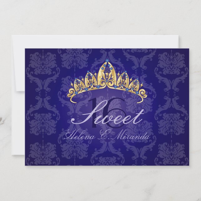 Convites Blue Damask Sweet 16/ tiara/indigo (Frente)