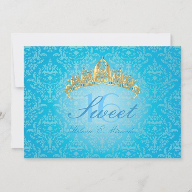Convites Blue Damask Sweet 16/ tiara/turquesa (Frente)