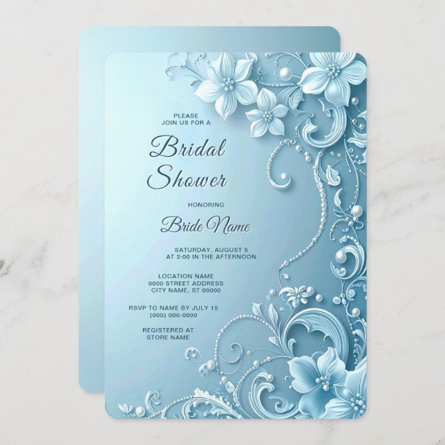 Convites Blue Decorative Floral Bridal Shower (Frente/Verso)