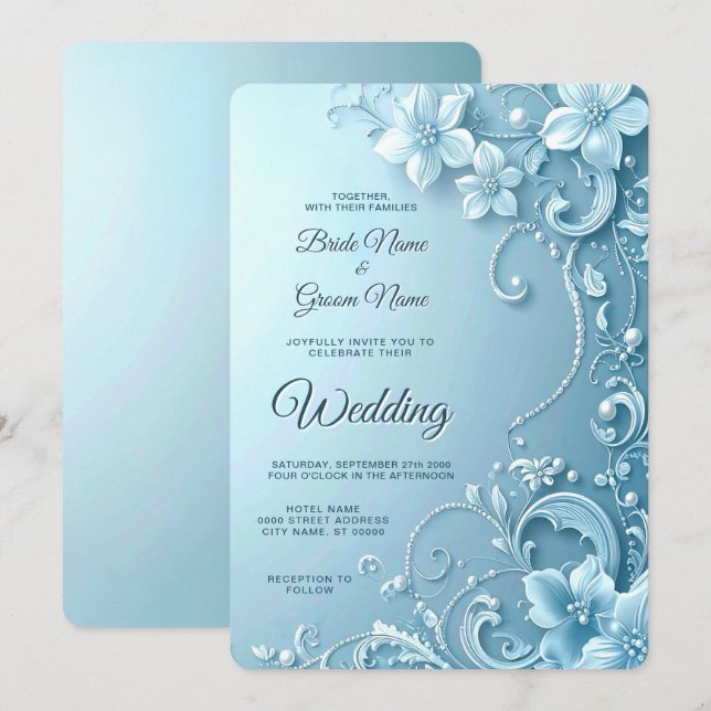Convites Blue Decorative Floral Wedding Invitation (Frente/Verso)