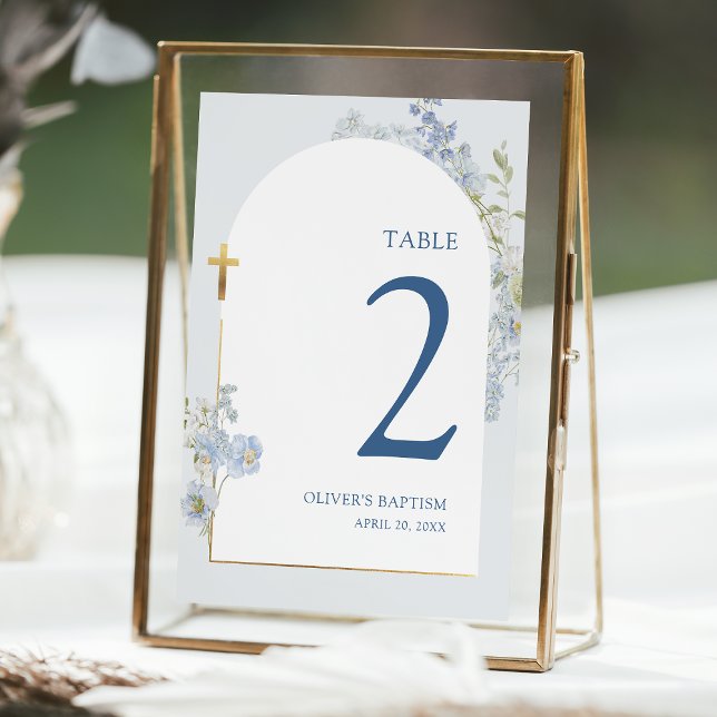 Convites Blue Delphinium Floral Boy Baptism Table Number (Criador carregado)