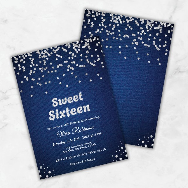 Convites Blue Denim e Diamantes Doce Dezesseis 16º Aniversá (Blue Denim & Diamonds Sweet Sixteen 16th Birthday Invitation )