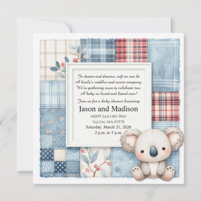 Convites Blue Denim Koala Baby Shower Invitation (Frente)