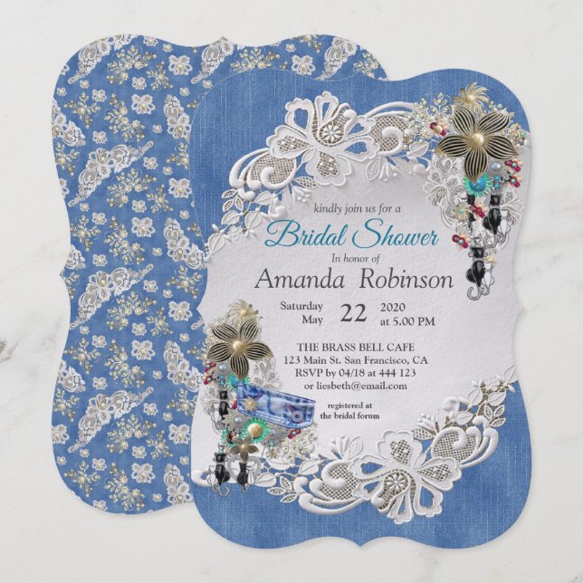 Convites Blue Denim, rendas - Joias de Costume (Frente/Verso)