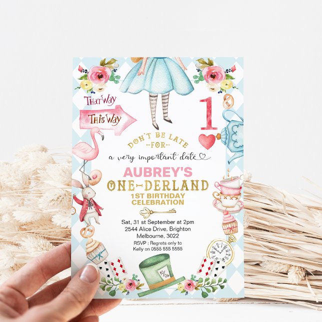 Convites Blue Diamond Heart Alice One-derland primeiro aniv (Alice in Onederland 1st Birthday Invitation, Blue Diamond Pattern Red Heart, Floral Alice Onederland)