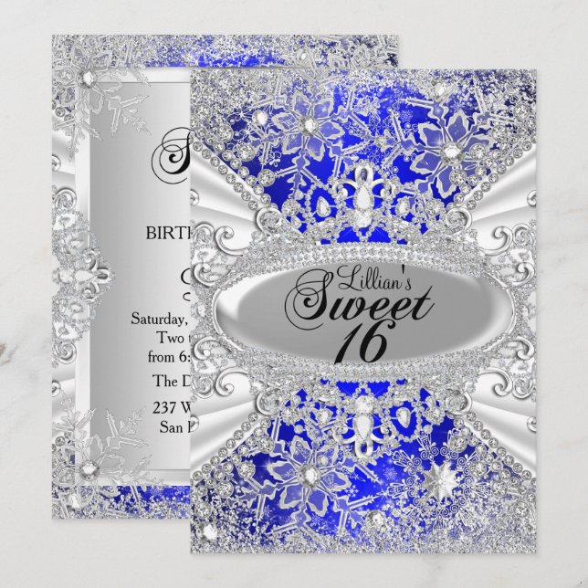 Convites Blue Diamond Snowflake Winter Wonderland Sweet 16 (Frente/Verso)