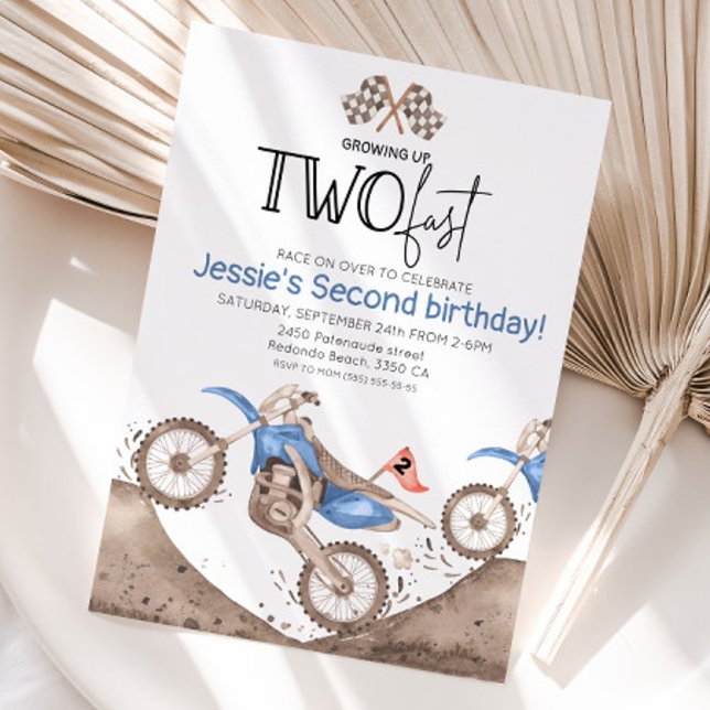 Convites Blue Dirt Bike 2nd birthday - Growing up two fast (Blue dirt bike birthday invitation, growing up two fast)