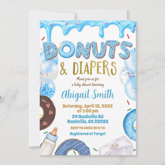 Convites Blue Donuts and Diapers baby shower  (Frente)