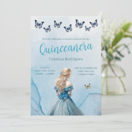 Convites Blue Dourada Butterfly Princess Quinceañera