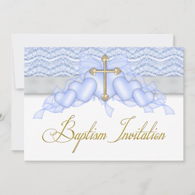 Convites Blue Dourado Cross Boys Blue Baptism (Frente)