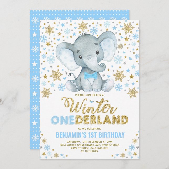 Convites Blue Dourado Elefante Winter ONE derland Snowflake (Frente/Verso)