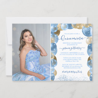 Convites Blue Dourado Sparkle Quinceañera Balloon Foto Invi